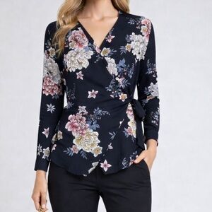 NWT Amelia black floral wrap top blouse pink ivory blue Womens Sz M